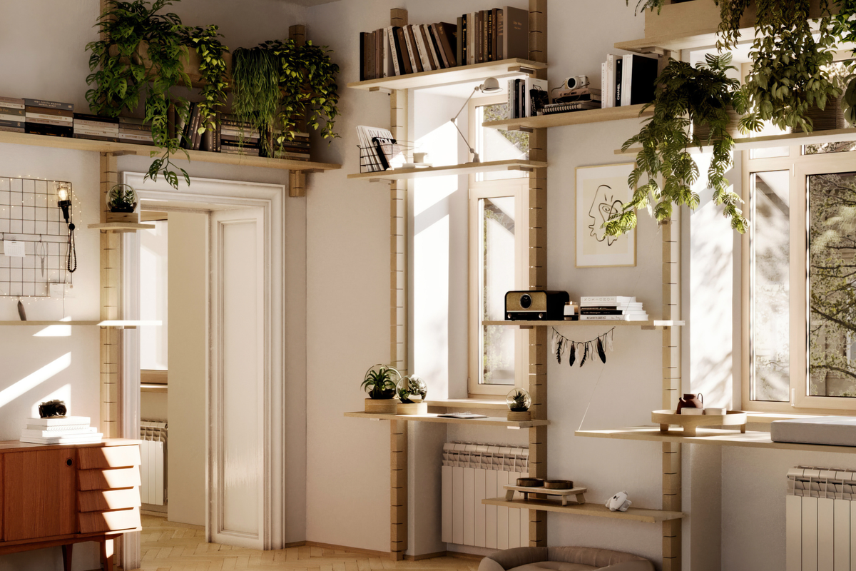 Wandsystem aus Massivholz mit Pflanzen, Büchern und persönlichen Dingen